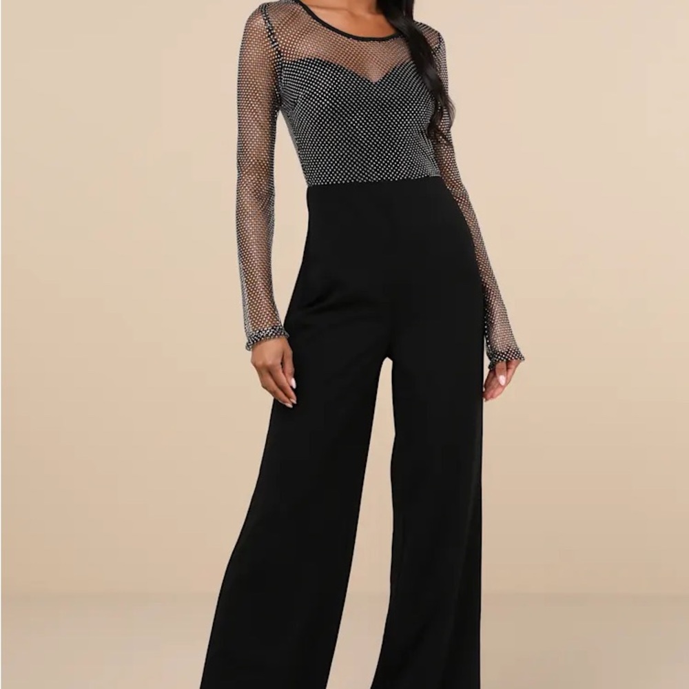 Lulu's Black Wide Leg Jumpsuit with Mesh Detail